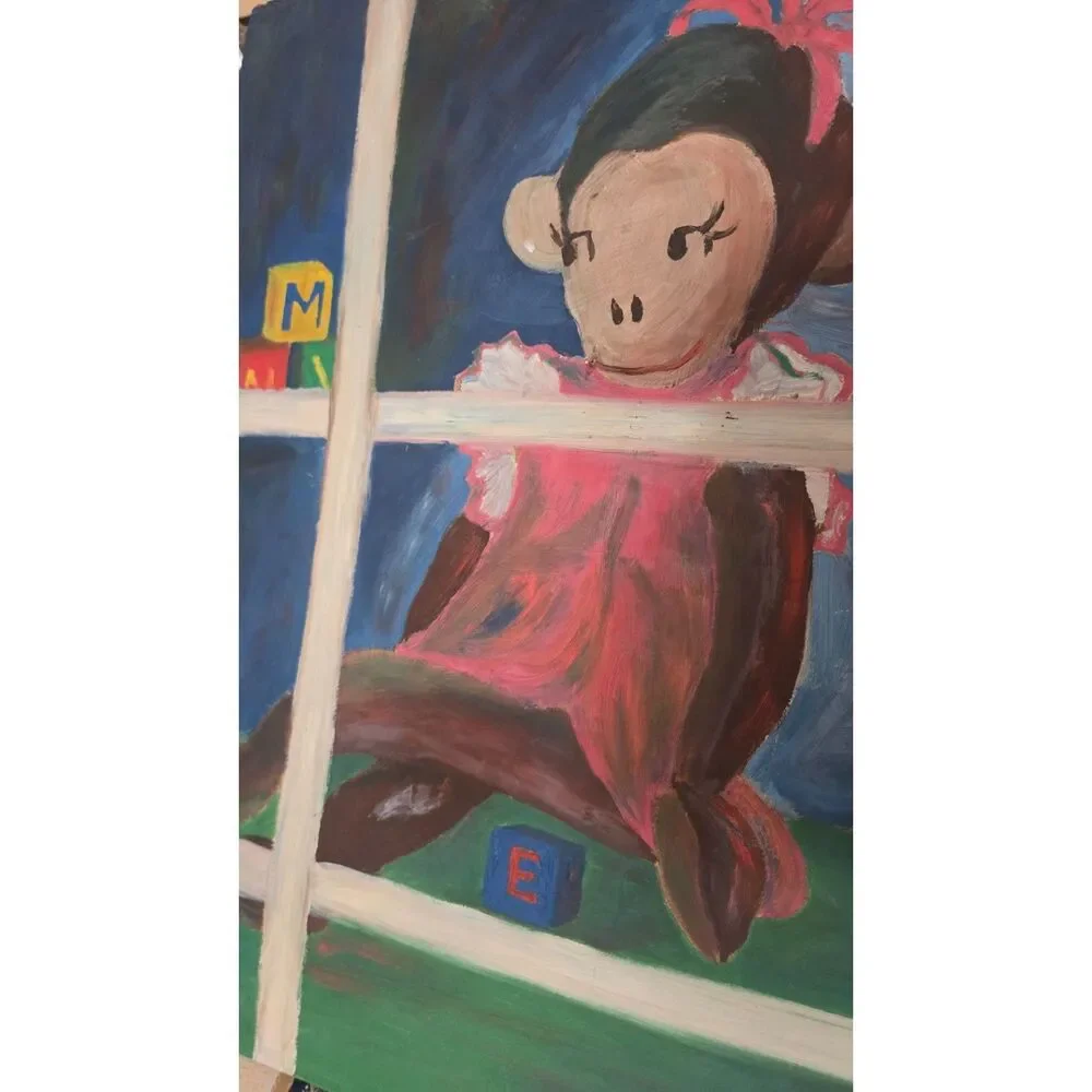 Vintage Style Whimsical Girl Monkey Nursery Folk Art Painting Original Canvas